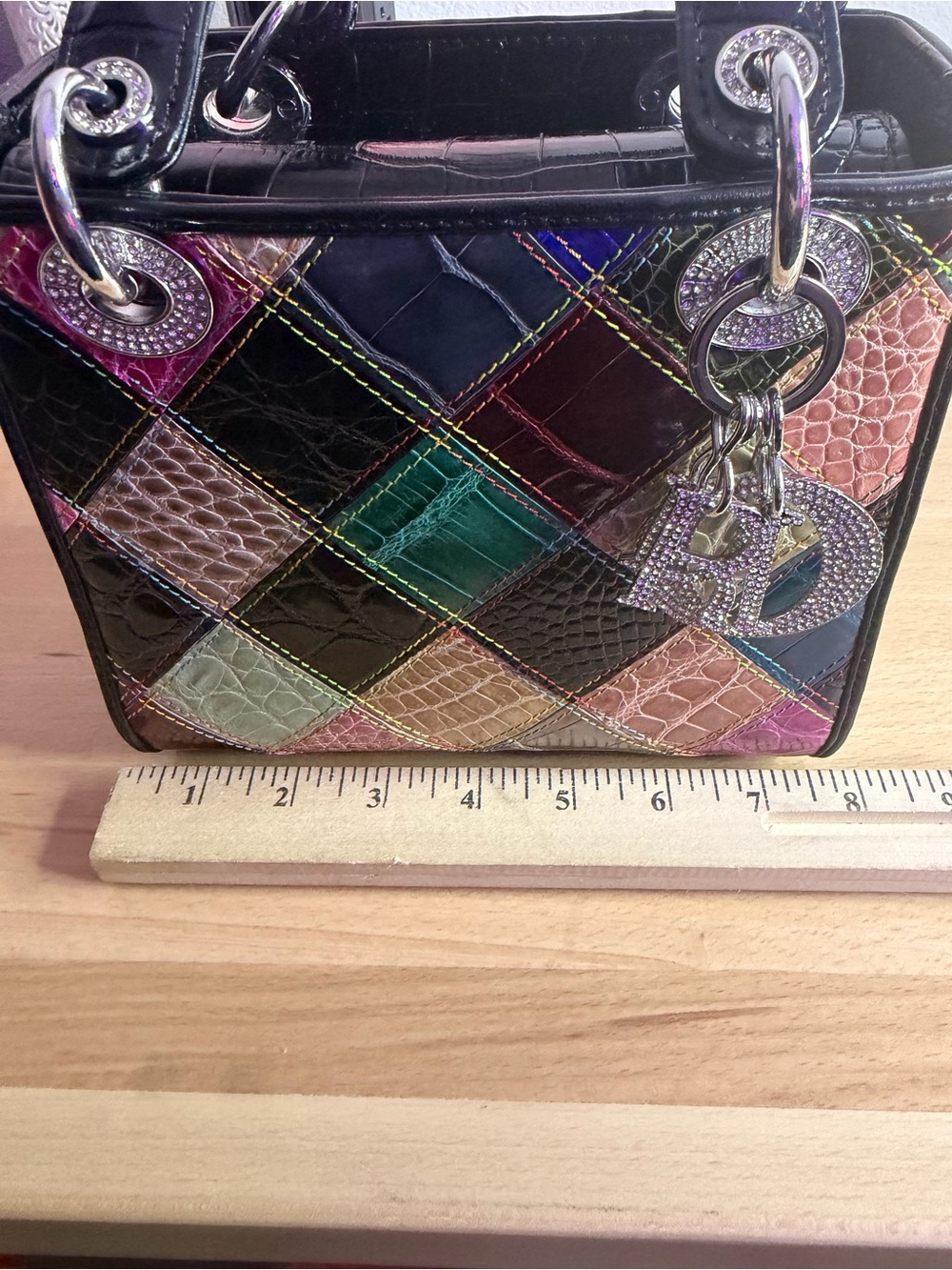 CD LadyD patchwork tote multicolor crocodileembossed signature silver tone charm - Picture 11 of 11